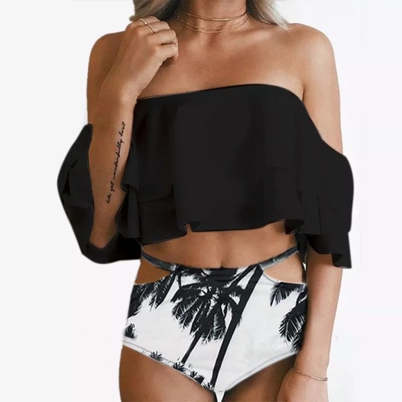 Other - CLEARANCE Off Shoulder Ruffle Tropical Palm Leaf Bikini Suit